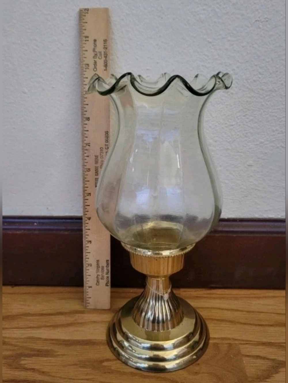 READ Vintage Solid Brass Candleholder Scalloped Glass Globe From India 10" READ